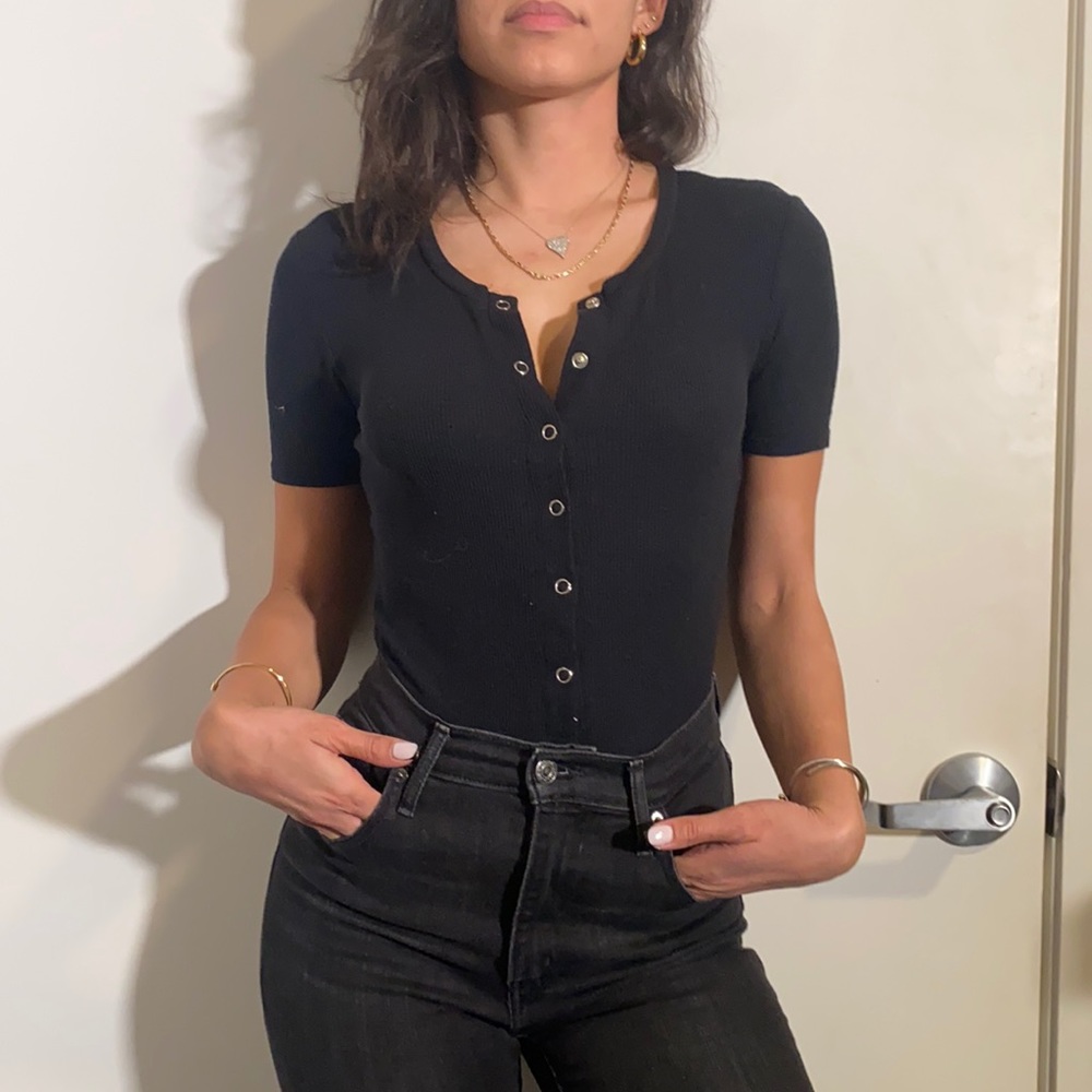 Privacy Please Black Short Sleeve Button-Up Bodysuit